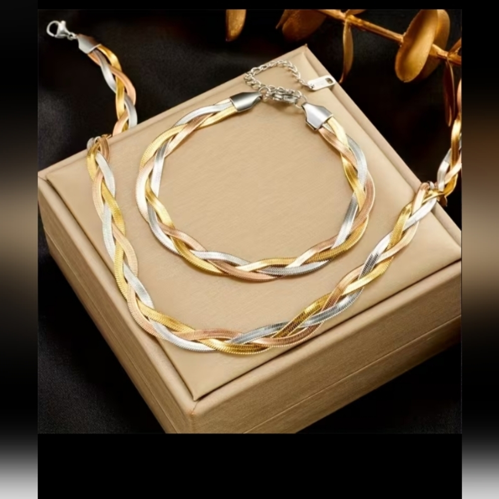 New! Braided Necklace and Bracelet Gold, Silver, Rose Gold Over Stainless Steel